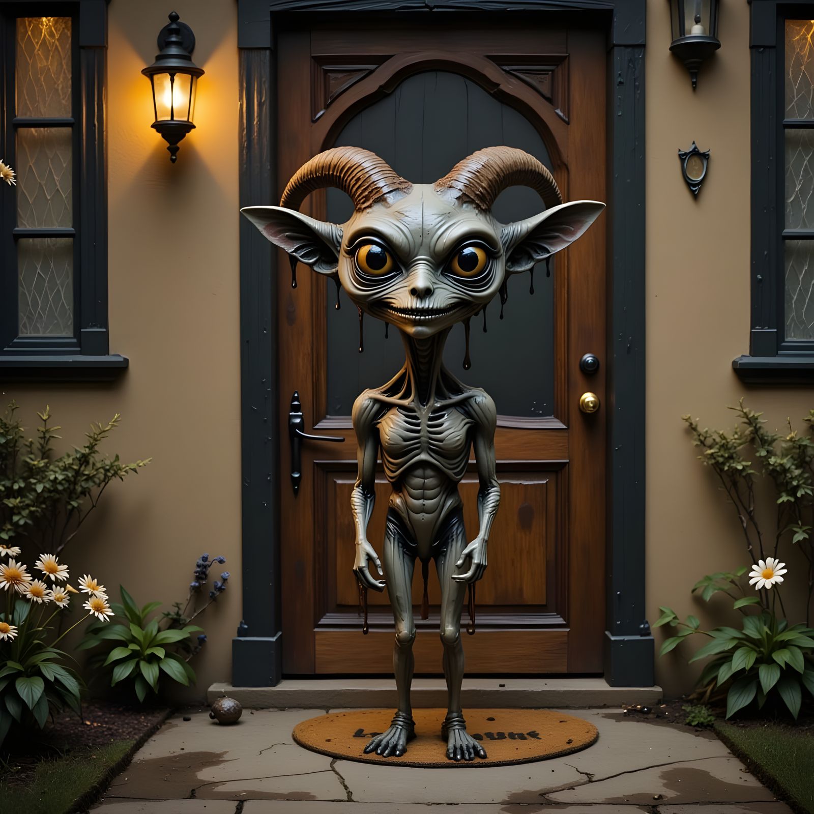 Grey Goat-Like Alien Smiling at Suburban Home