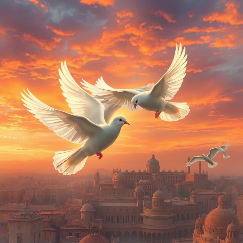 Sacred Doves in Majestic Syrian Sky at Sunset