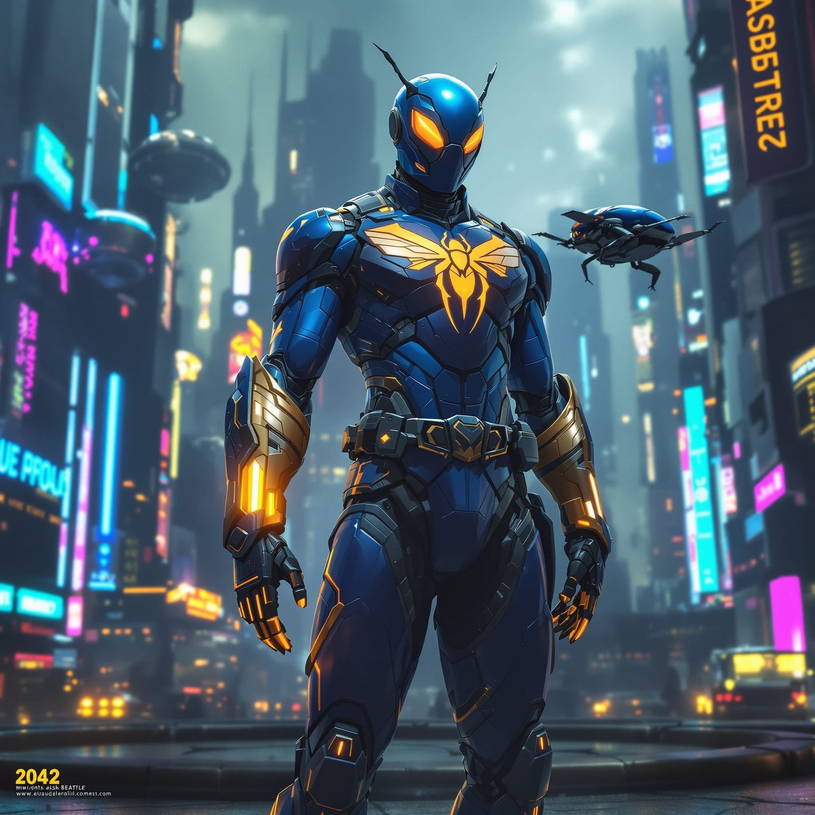 Blue Beetle in a Futuristic Cyberpunk Cityscape