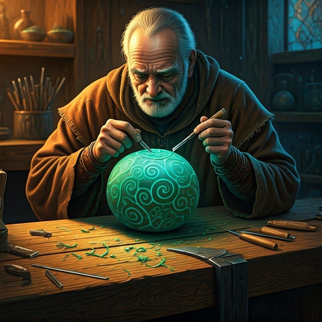 Craftsman Carving Glowing Gourd in Fantasy Style