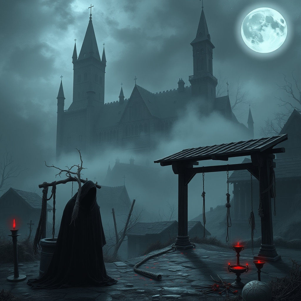 Medieval Gothic Scene with Ghostly Moon