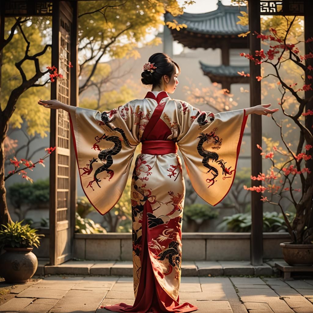 Elegant Model Showcases Embroidered Silk Kimono
