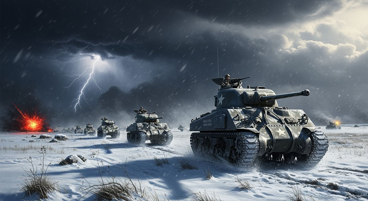 WWII Tanks Advance Through Snowy Belgium Under Lightning Str...
