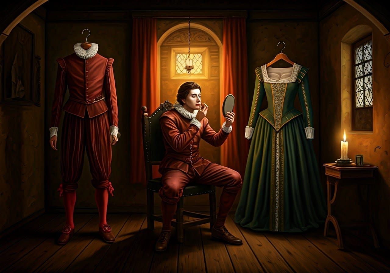 Renaissance Actor Prepares for Stage in Lavish Tudor Chamber