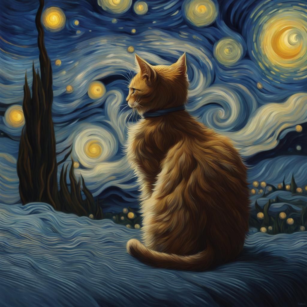 Cat Playing in Starry Night Style