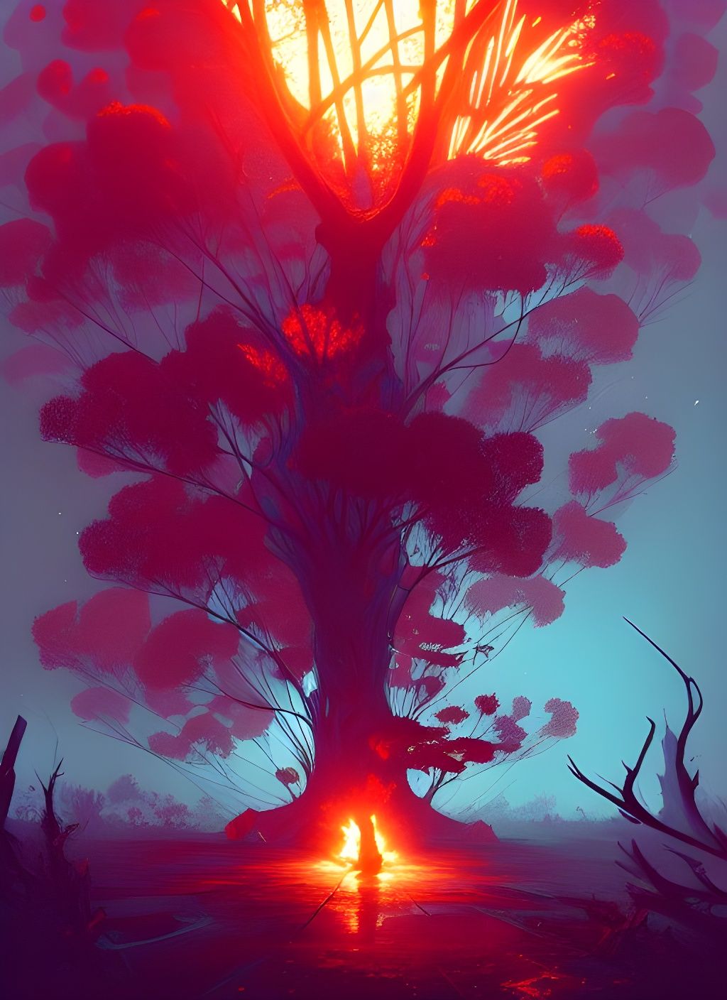 The Burning Tree: Digital Illustration in Vibrant Colors