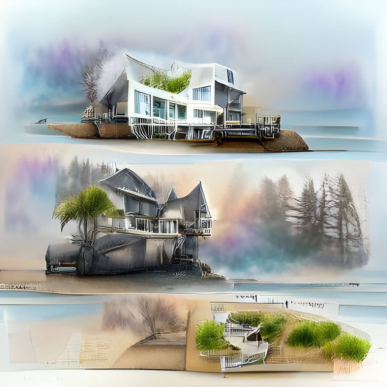 Modern Beach House with Sinister Tree: Fantasy Digital Art