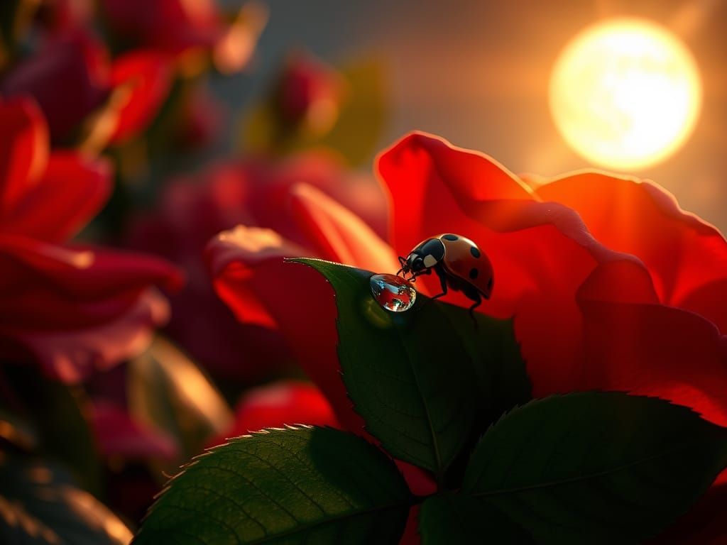 Stunning Bioluminescent Ladybird in a Vibrant Rose Garden