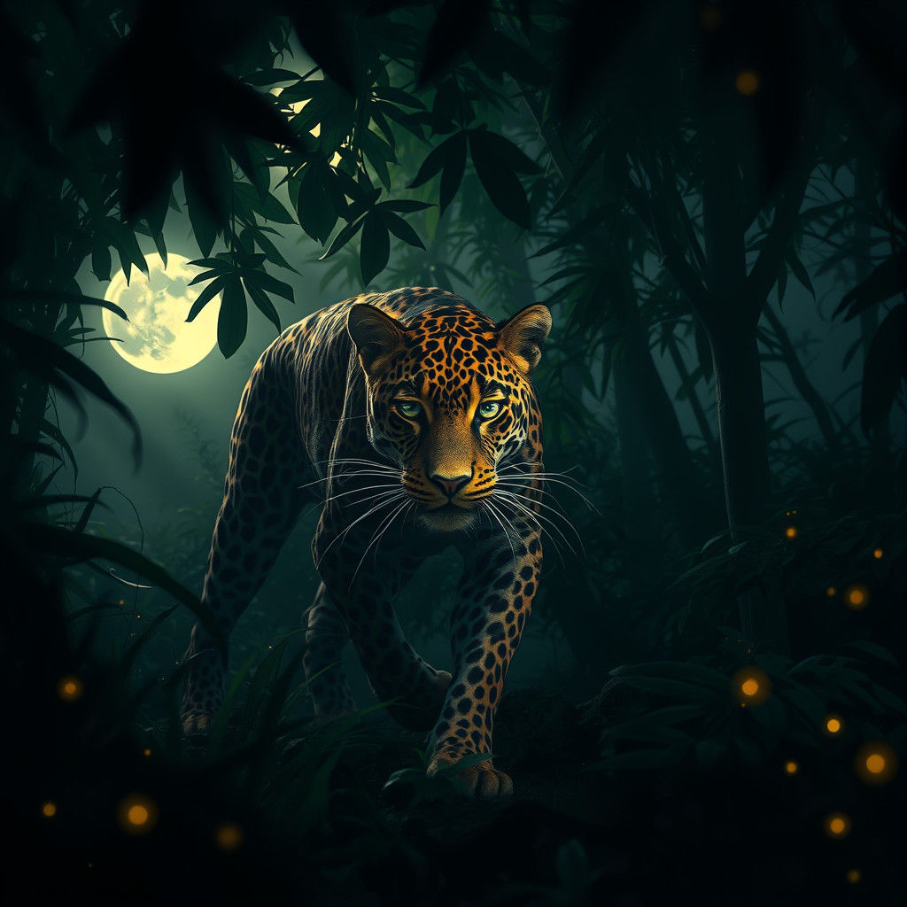 Leopard Prowling Through Jungle at Night