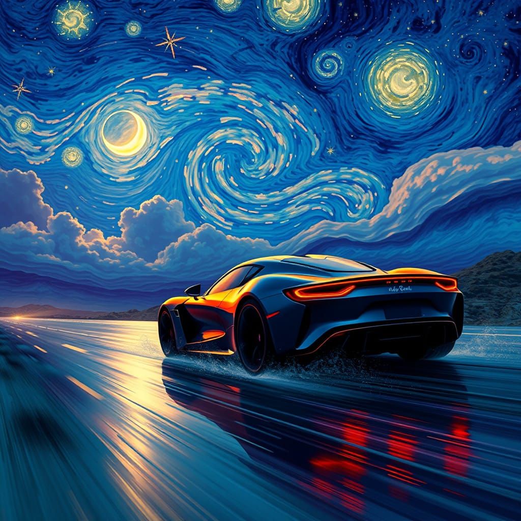 Surreal Sports Car Racing Under Starry Night Sky in Vibrant...