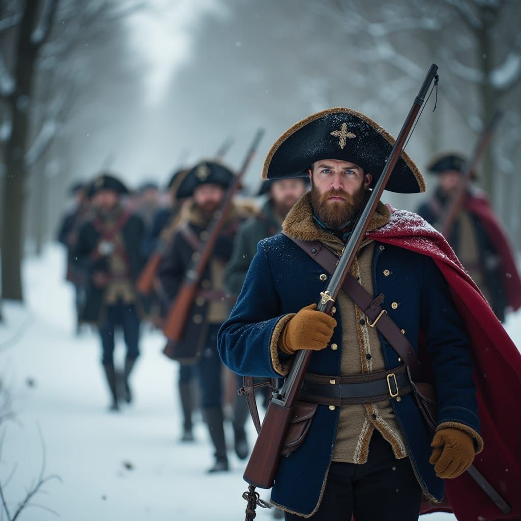 19th-Century Patriots March Through Snowy Forest in Winter L...