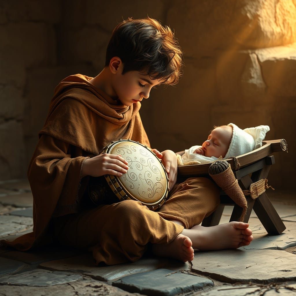 Young Drummer Boy Plays for Baby Jesus in Photorealistic Sty...