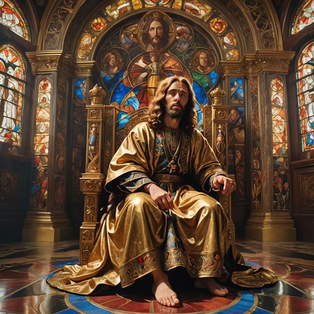 Goofy Jesus on Throne in Pre-Raphaelite Style