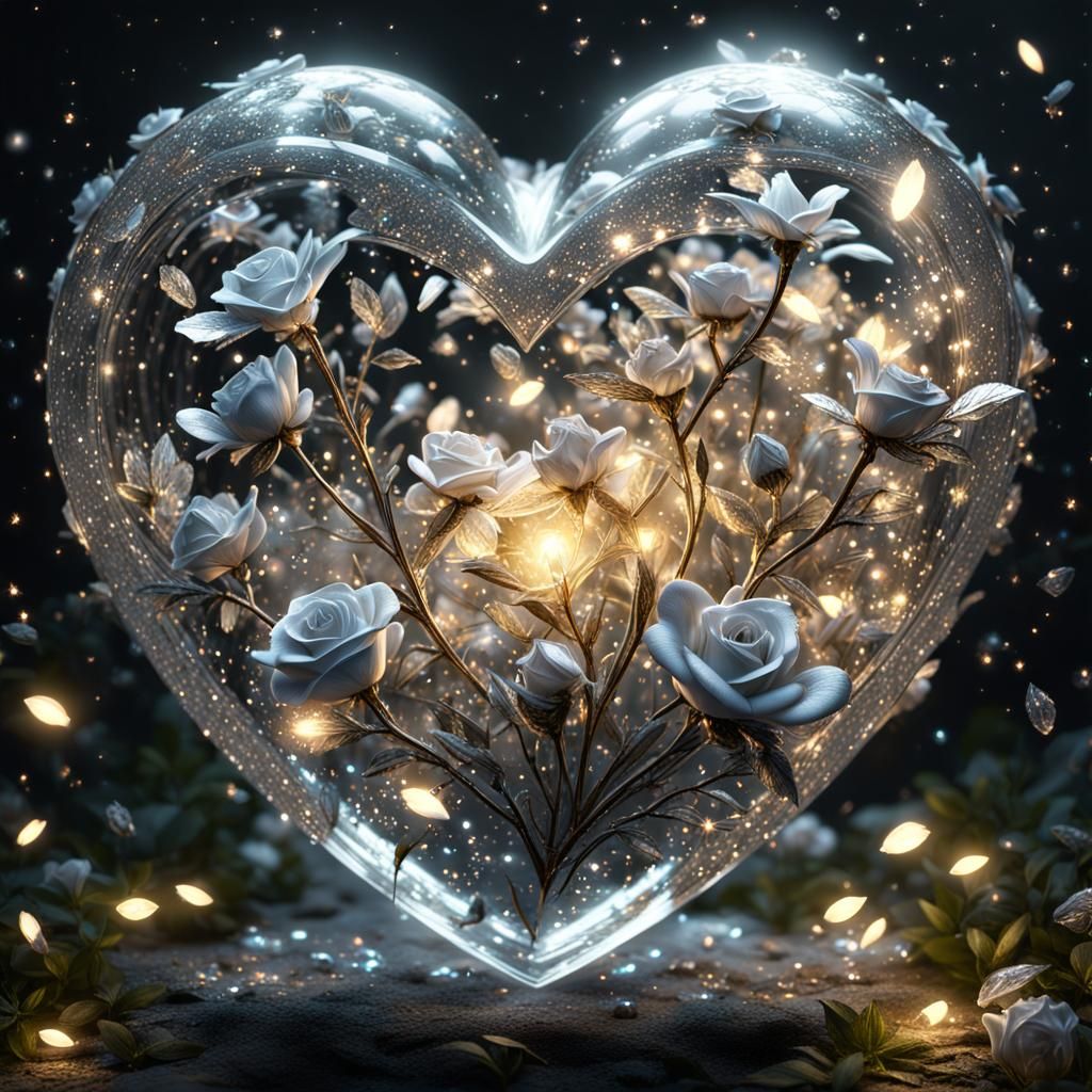 Crystalline Heart with Silver Roses and Fireflies