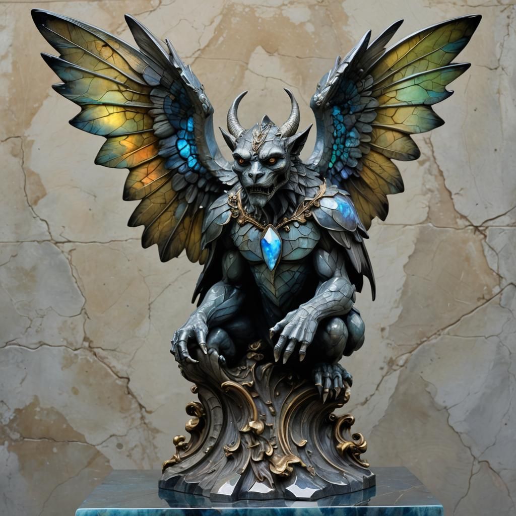 A gargoyle statue carved from the stone Labradorite.