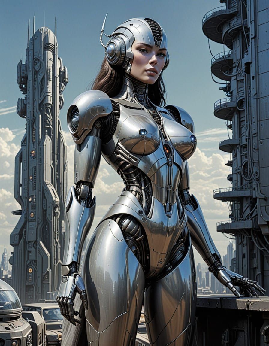 Glamorous Female Robot in Retro Sci-Fi Cityscape
