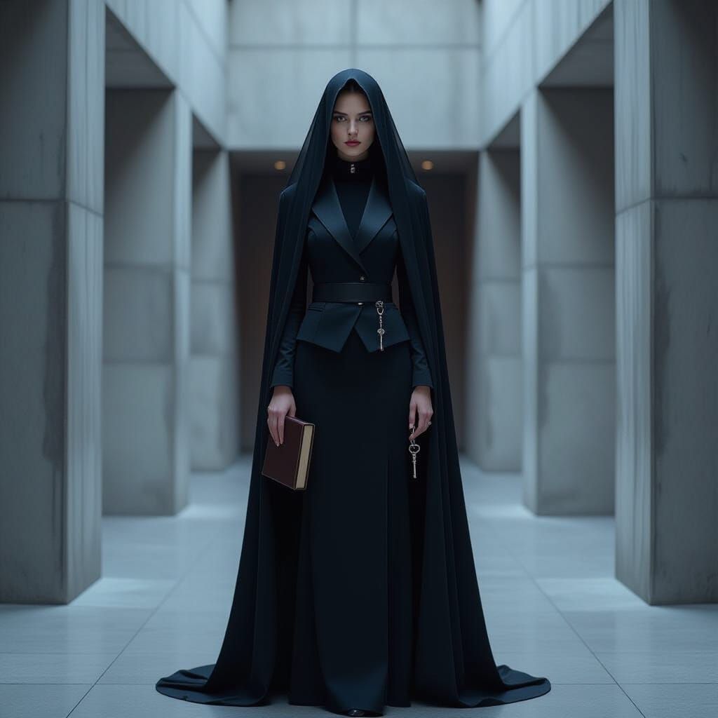 Woman in Brutalist Atrium, Guardian of Secrets