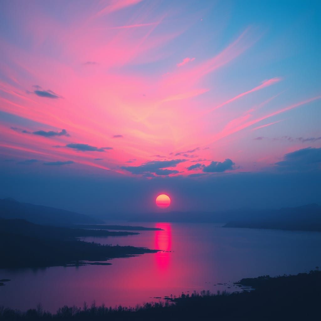 Ombre Landscape with Sunset-Lit Sky