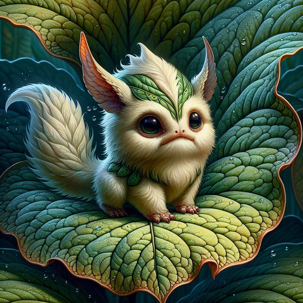 Endearing Hybrid Creature on Leaf in Detailed Matte Painting