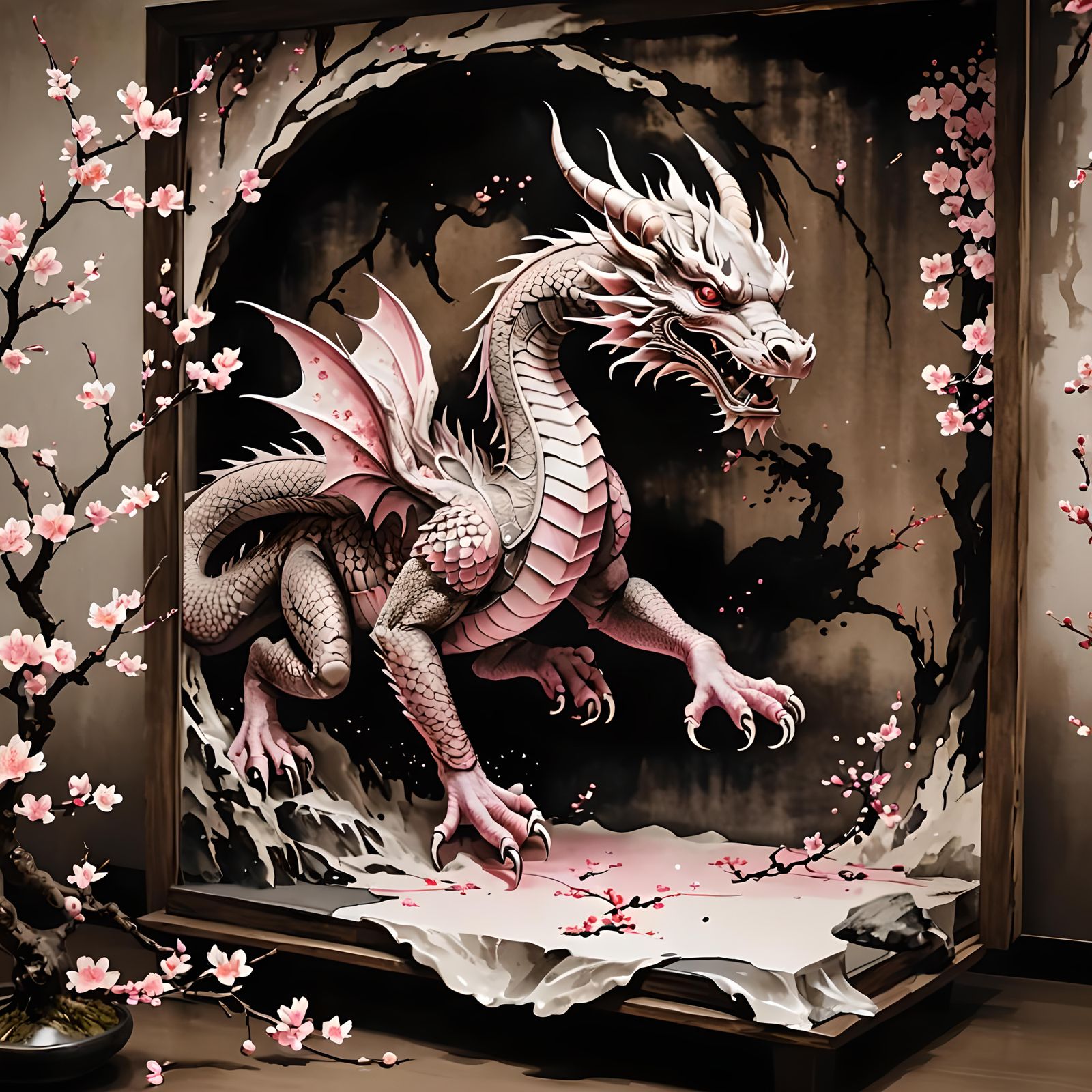 Pink Dragon and Cherry Blossoms in Sumi-e Style