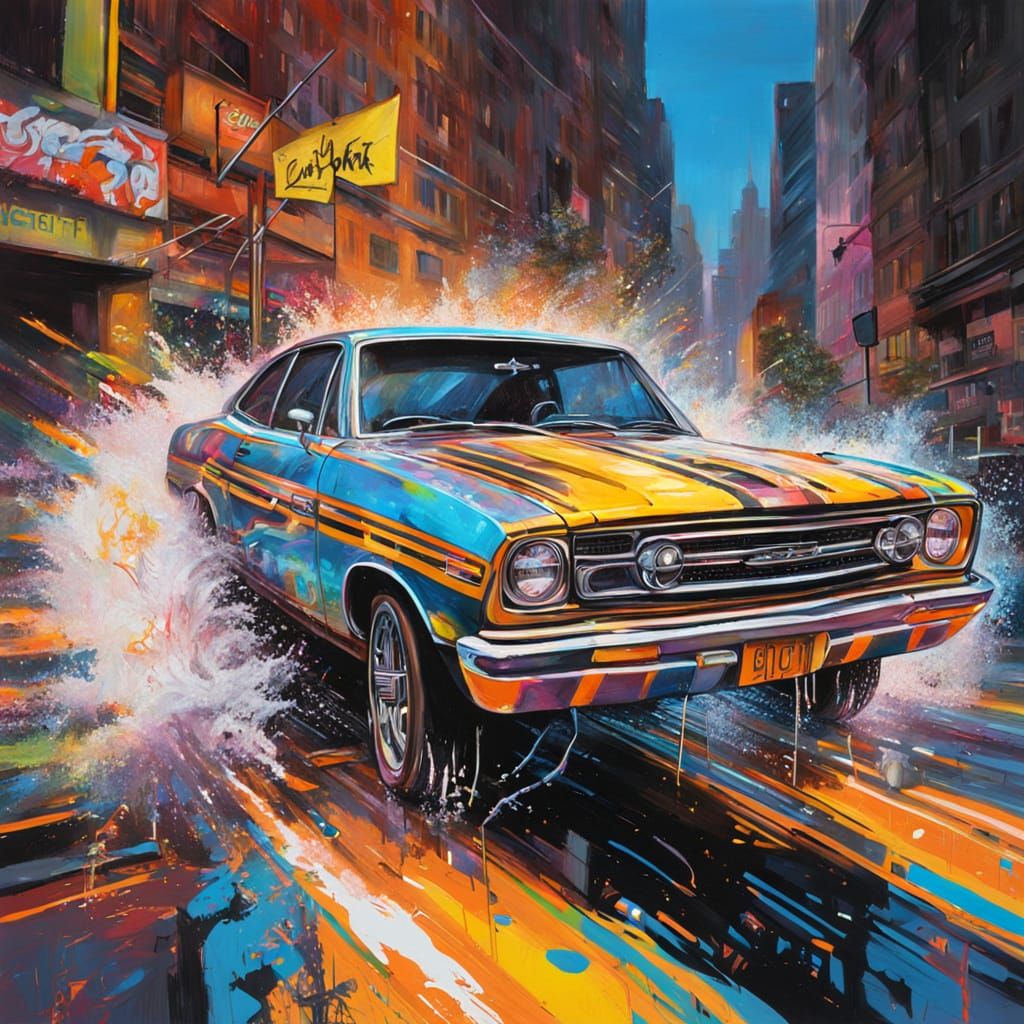 Muscular Car Speeds Down Neon City Street Art