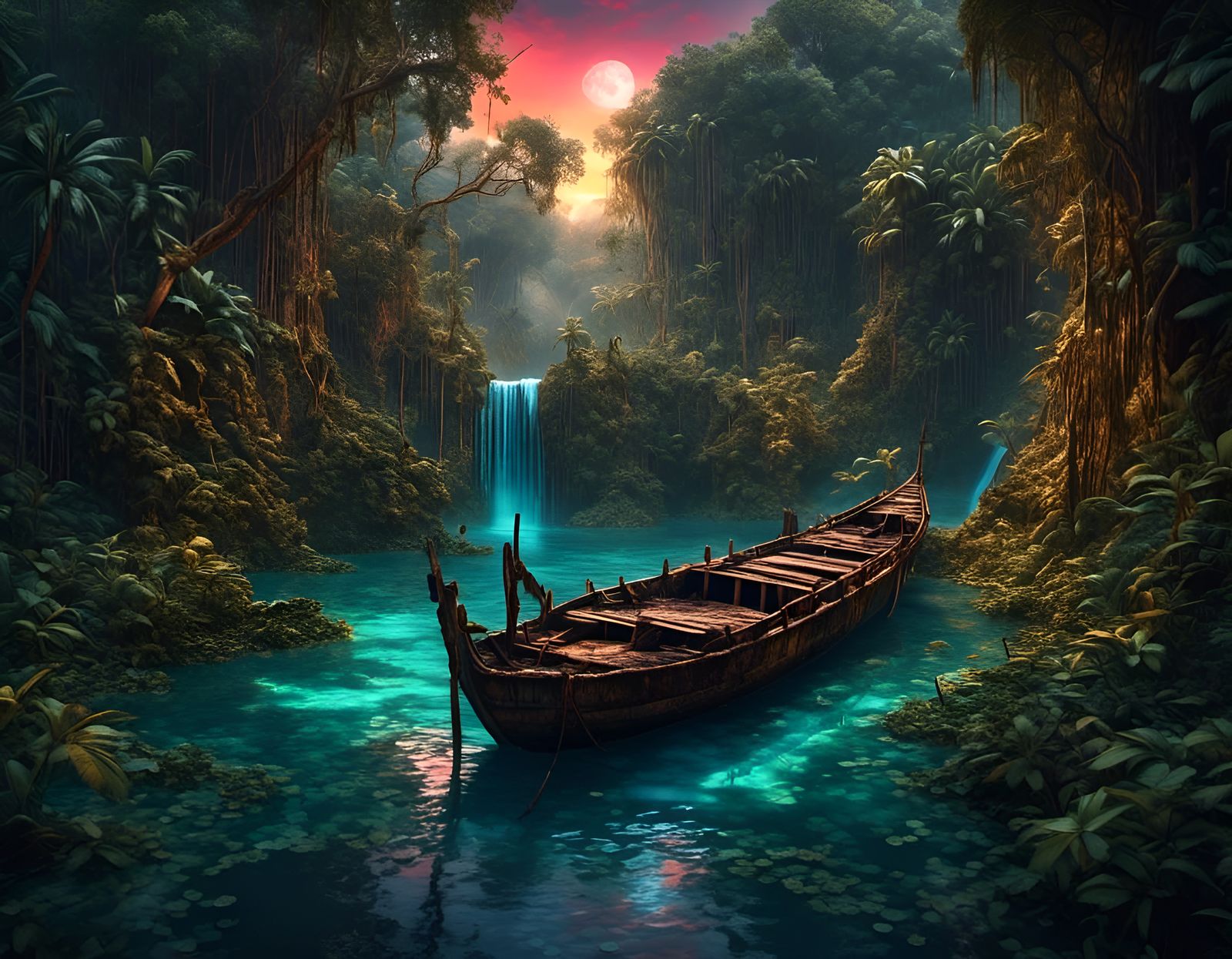 Lush Jungle Landscape with Moonlit Waterfall in Graffiti Art