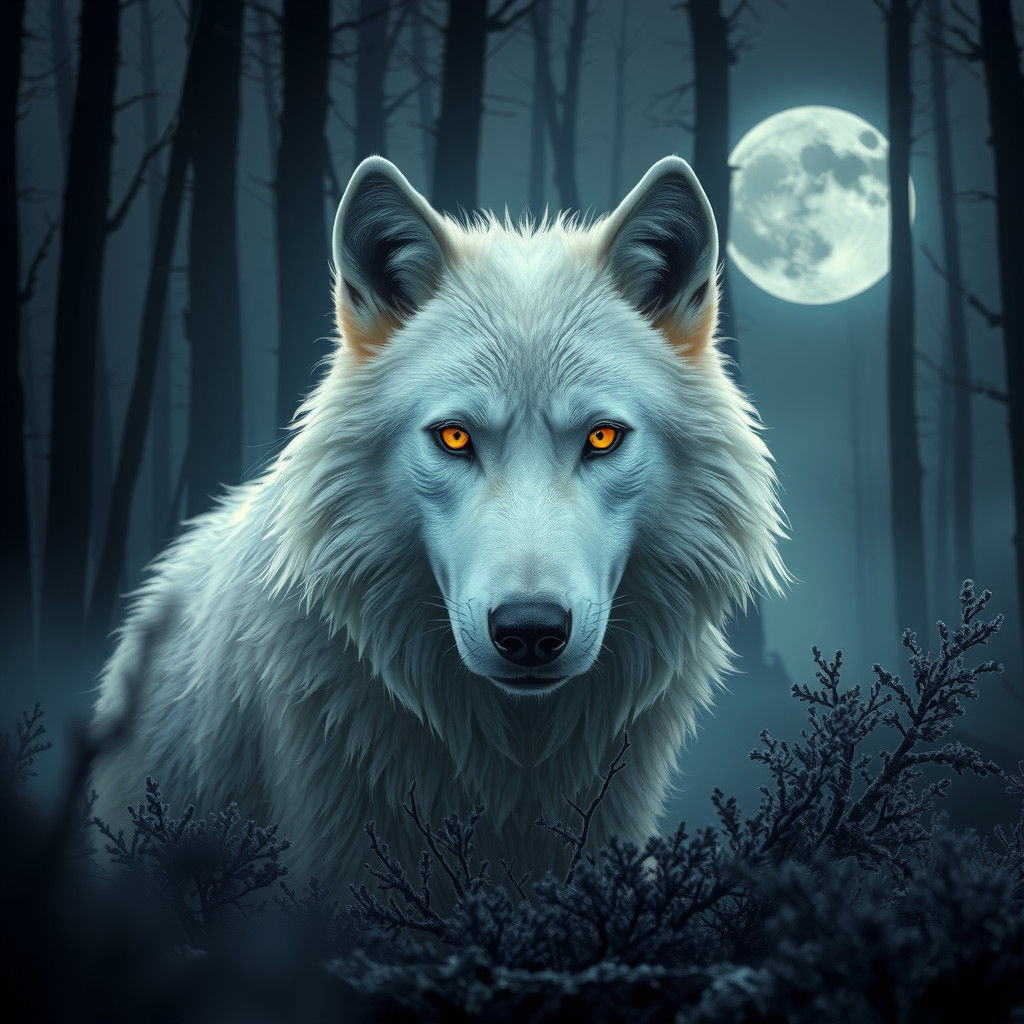 Majestic White Wolf in Misty Forest Landscape