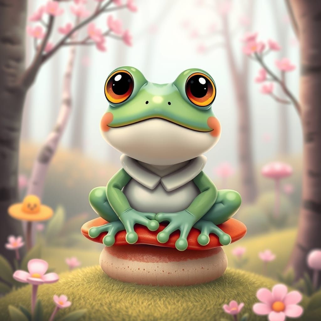 Cute Frog in Kawaii Style on Mushroom