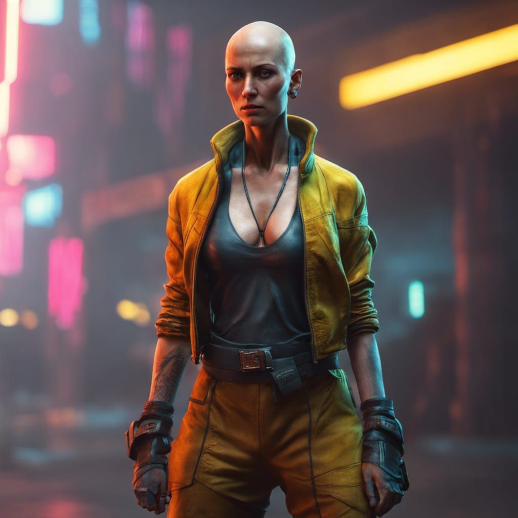 Muscular Bald Female Monk in Cyberpunk Neon
