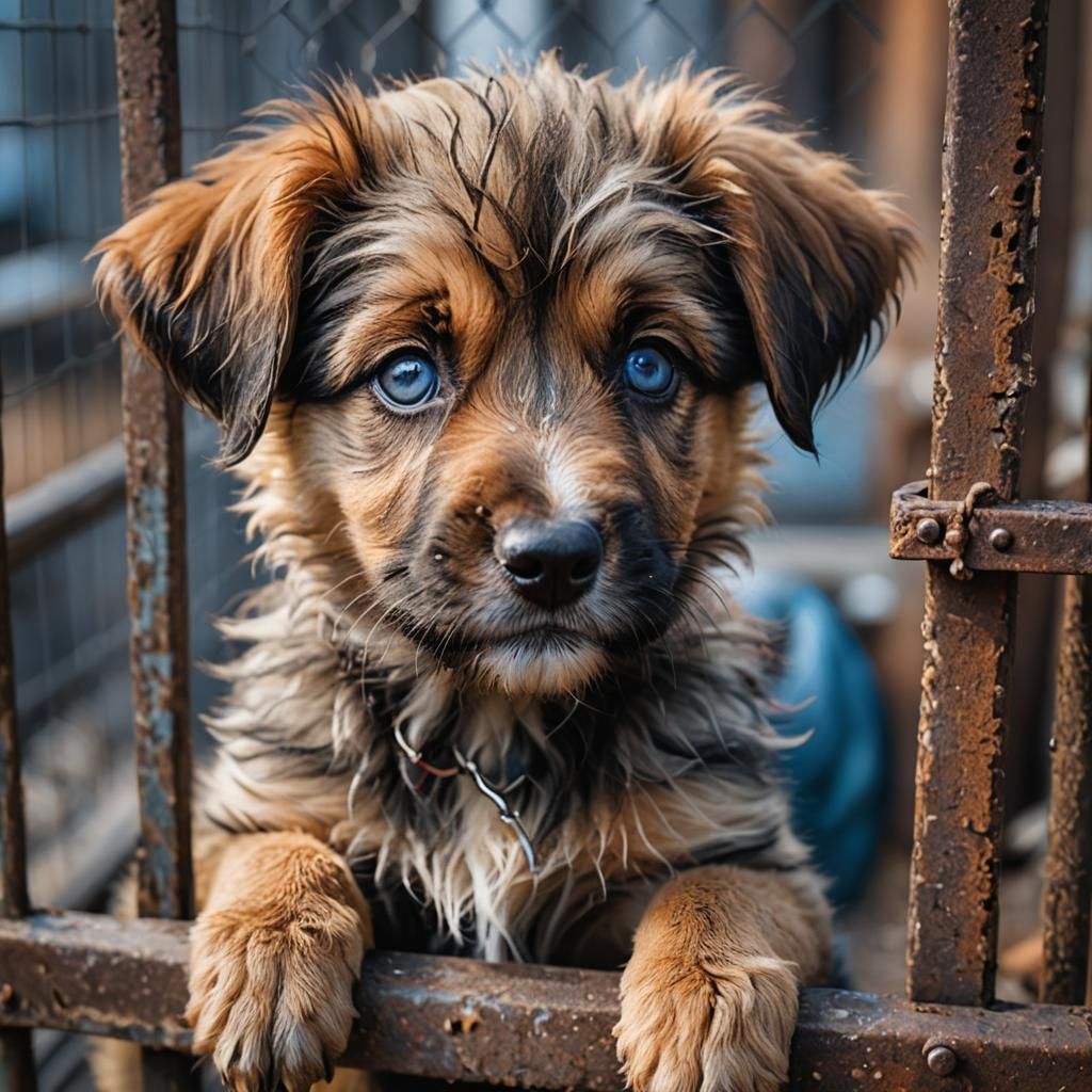 Adorable Scruffy Puppy Waiting in Kennel Cage