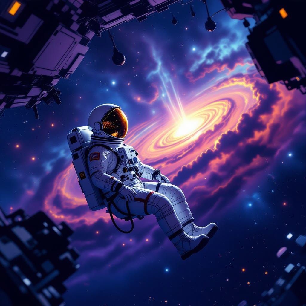 Astronaut Adrift Near Derelict Station in Cosmic Void