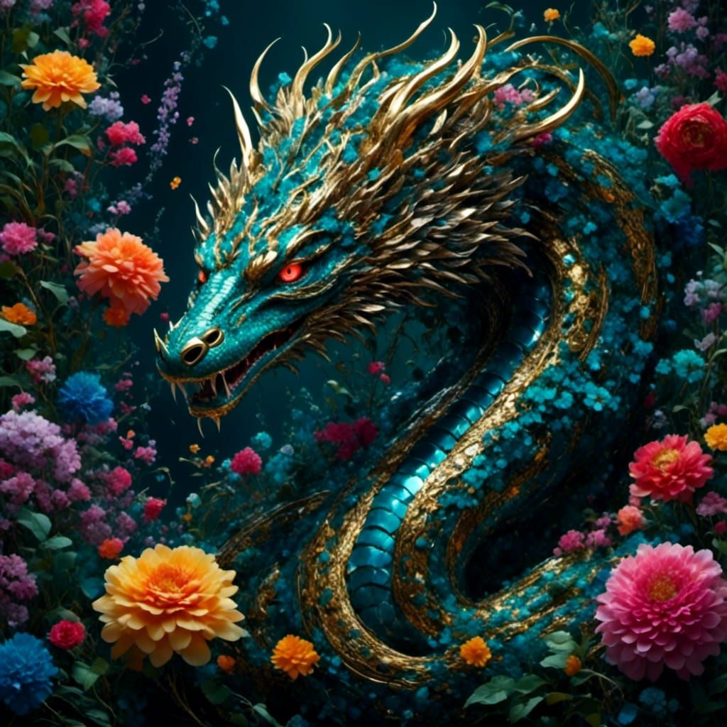 Monstrous Snake-Headed Kaiju with Flowers and Insects