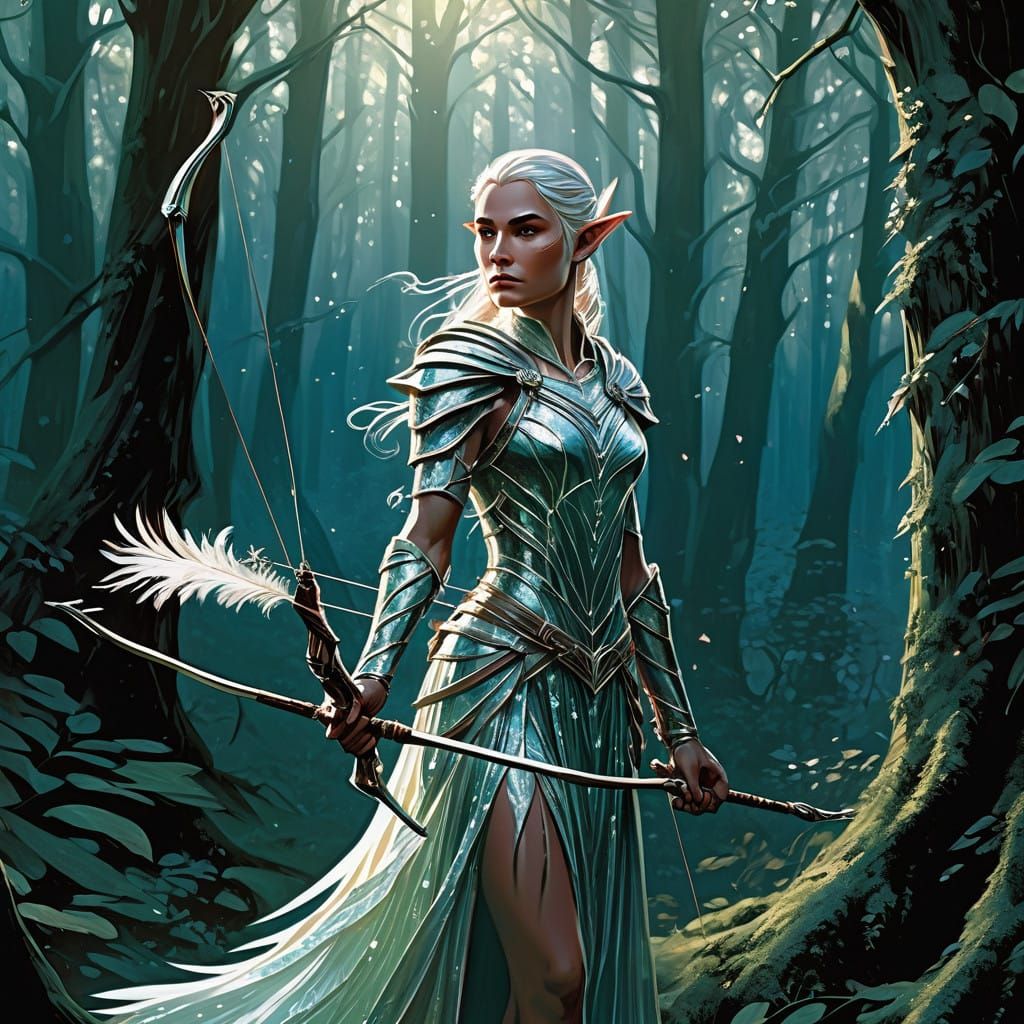 Elven Archer in Pearlescent Gown, Forest Scene, in Comic Boo...