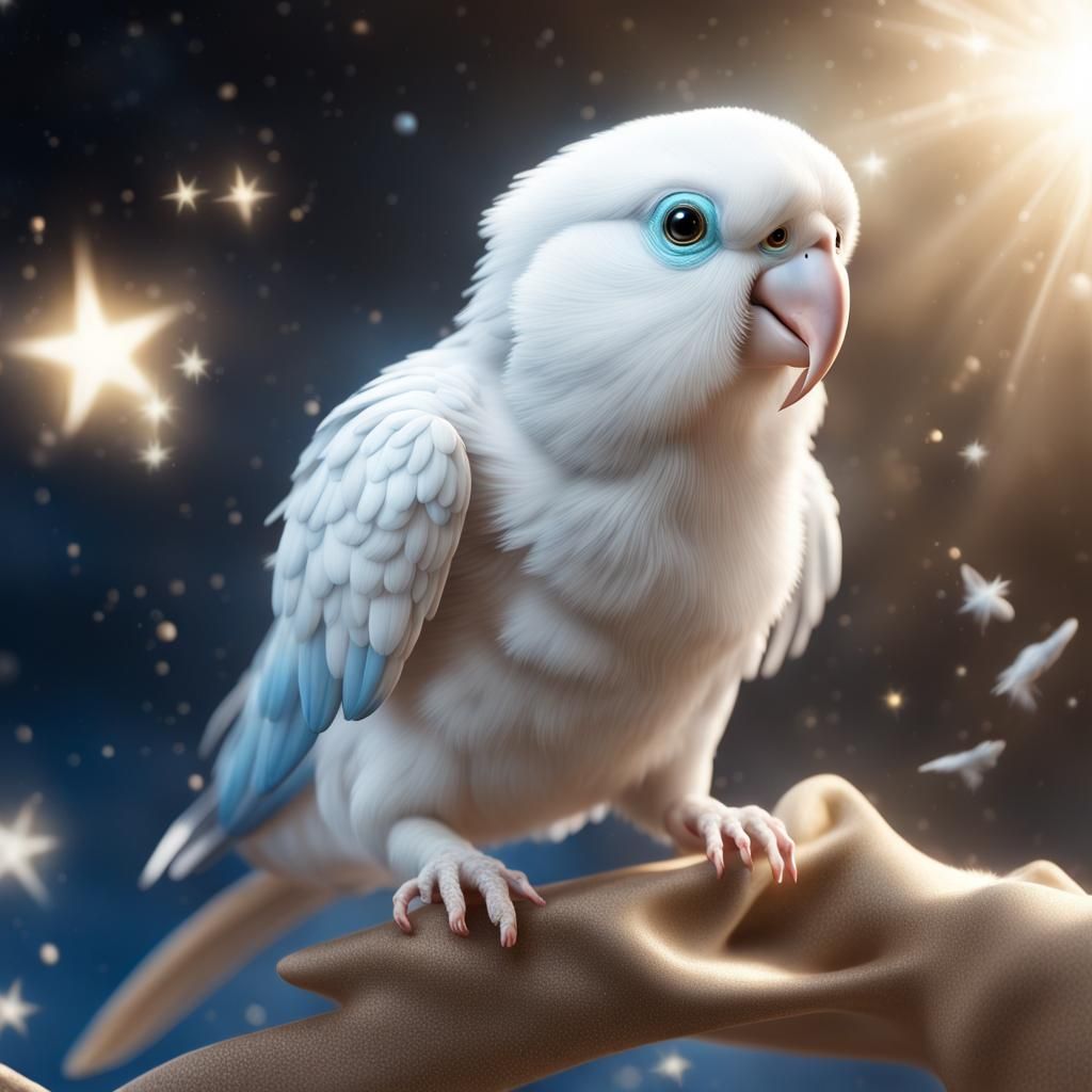 Albino Parakeet Made of Stars, Photorealistic CGI