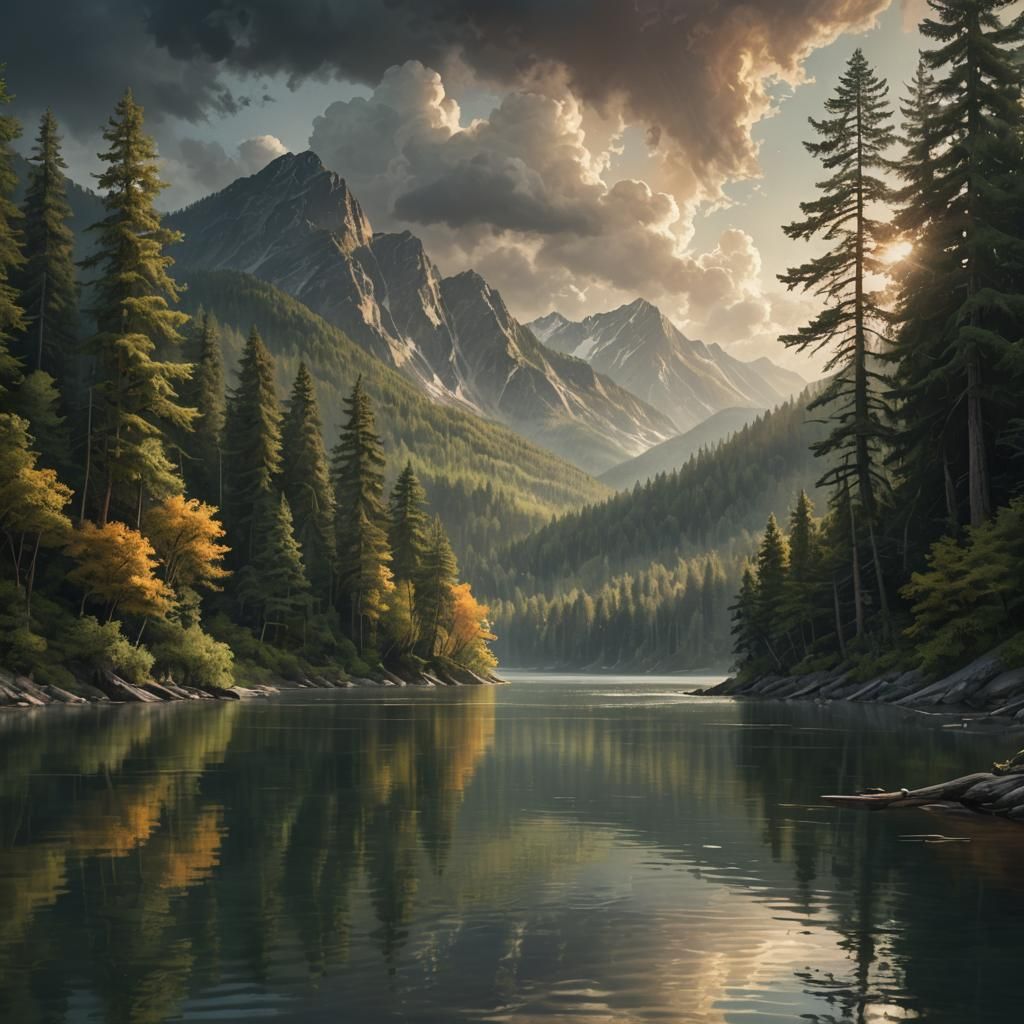 Lush Forest Lake with Mountains in Golden Hour