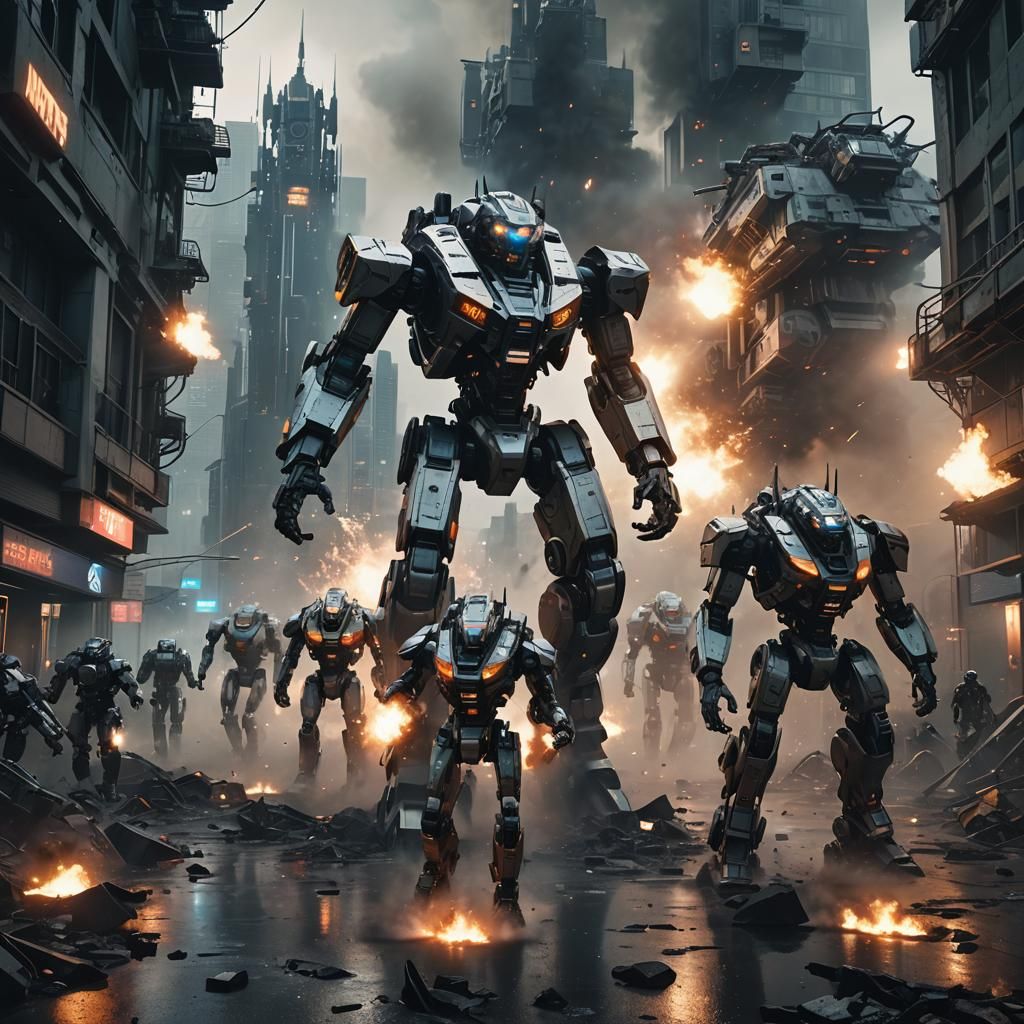 Futuristic City Invasion by Sci-Fi Mecha Robots