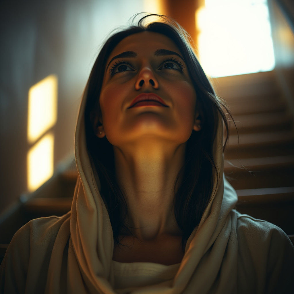 Serene Woman Ascending Mystical Stairway in Ethereal Portrai...