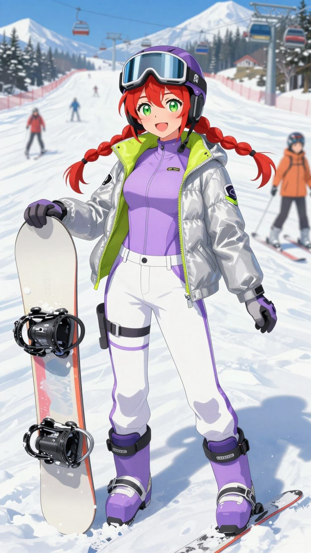 Anime Snowboarder with Red Braids on Ski Slope