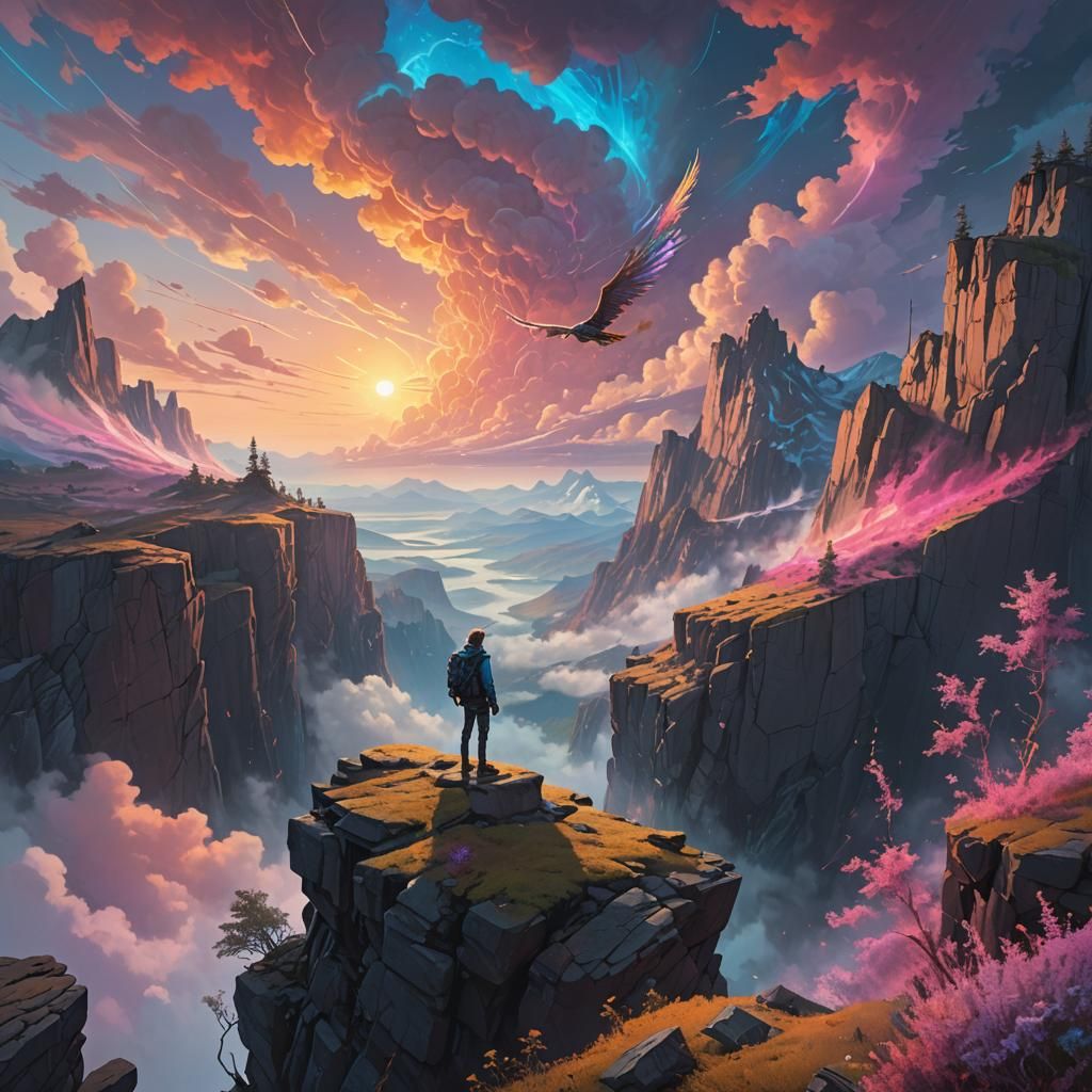 Winged Figure on Cliff: Fantasy Concept Art