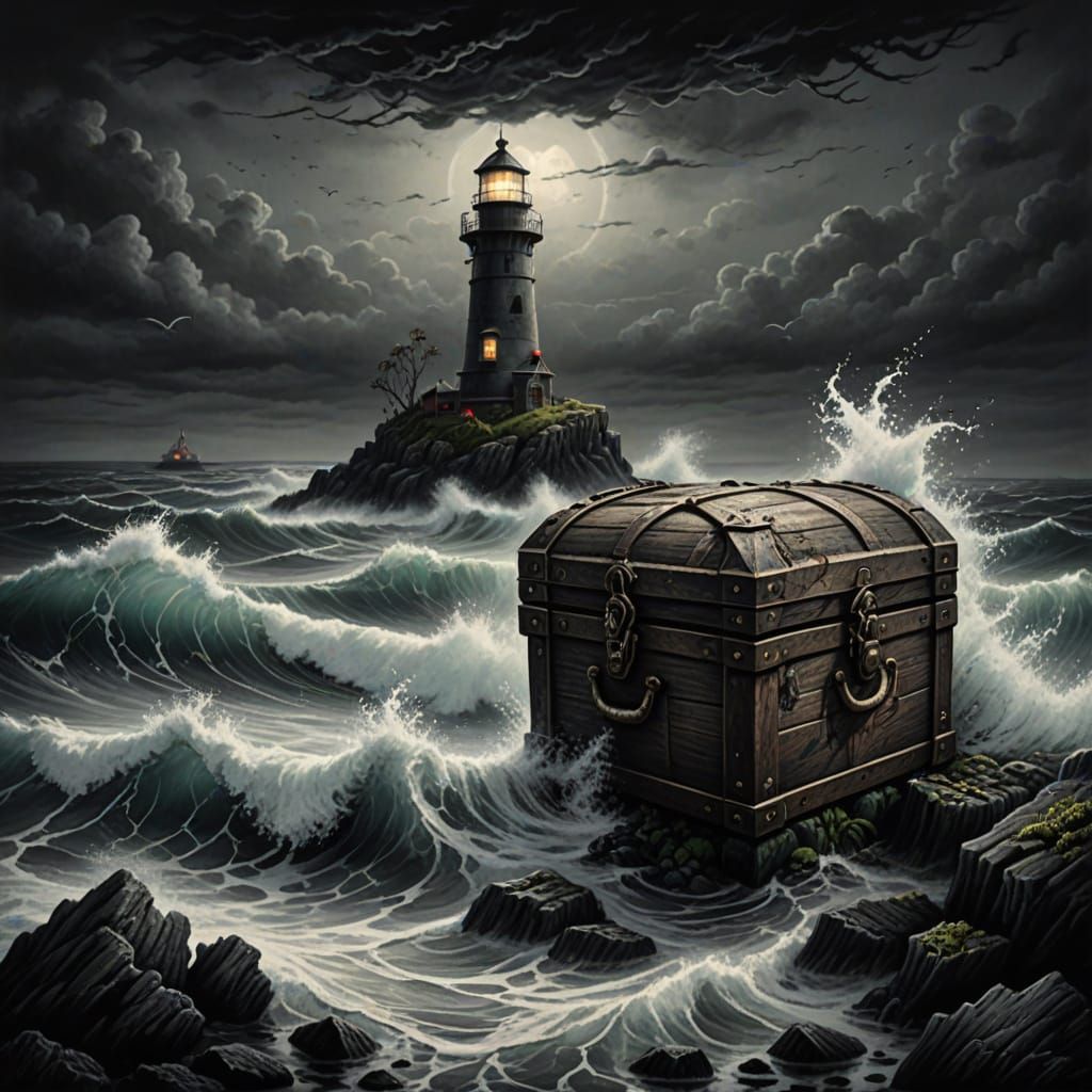 Treasure Chest in Stormy Sea, Charcoal Drawing