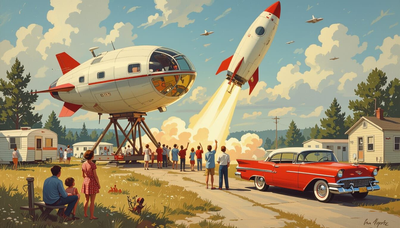 A Norman Rockwell-esque painting of a trailer park spaceship...