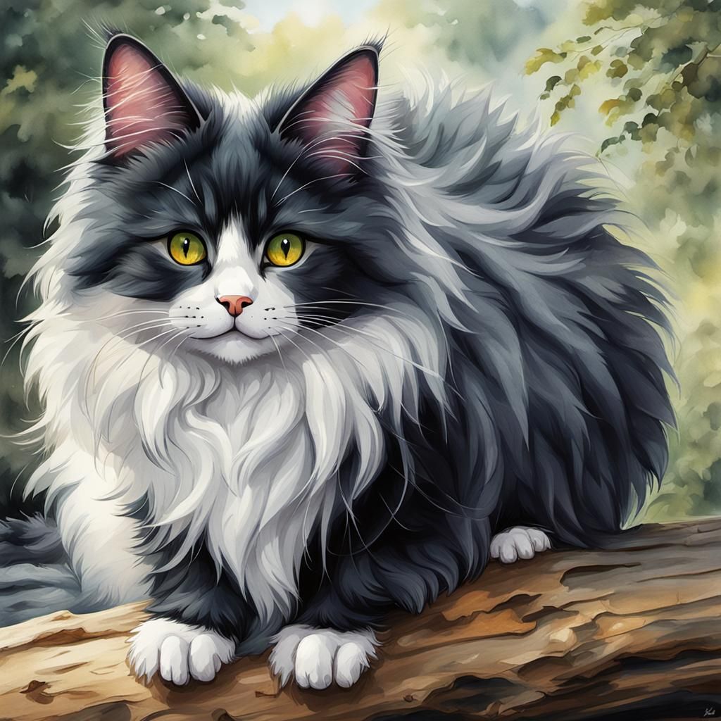Angora Cat in Watercolor by Flowing Stream
