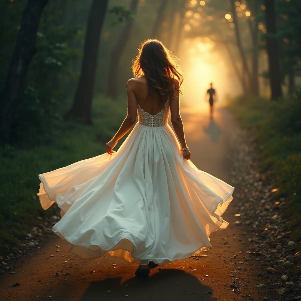 Woman in Wedding Dress Running Towards the Light