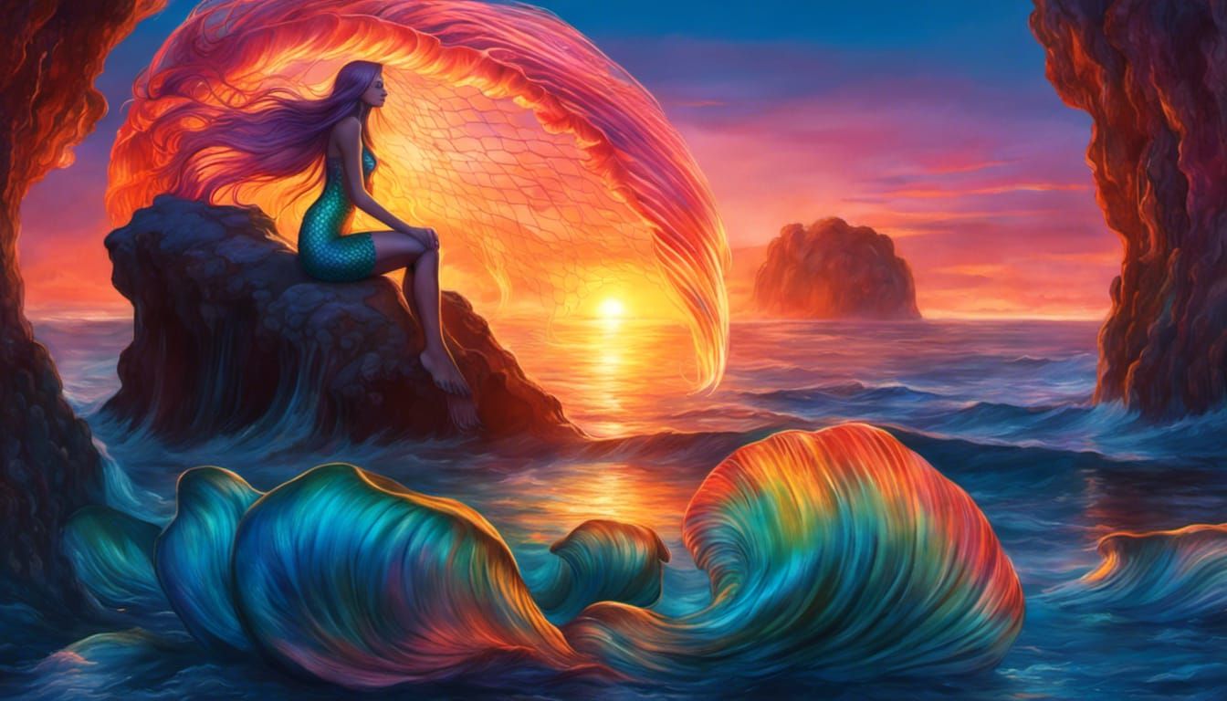 Ethereal mermaid, resting her fin, shading from sun under monster jellyfish
