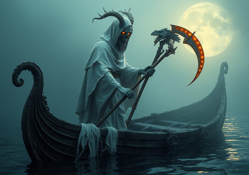 Spectral Boatman in Fog, Dark Fantasy Illustration