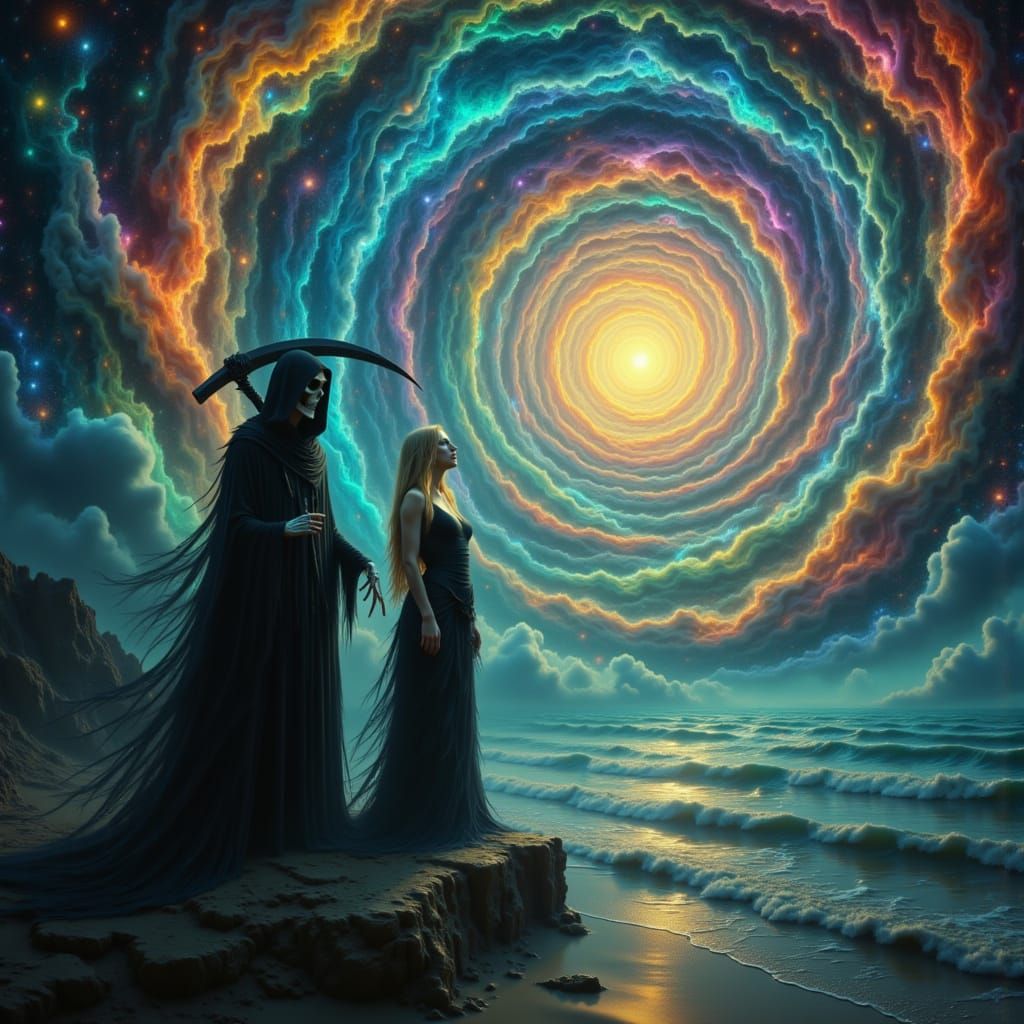 Grim Reaper and Radiant Woman Journey Through Multiverses