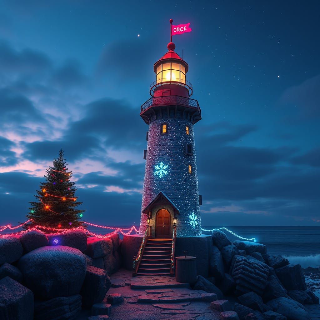 Vibrant Lighthouse Christmas Spectacle in Fantasy Colors