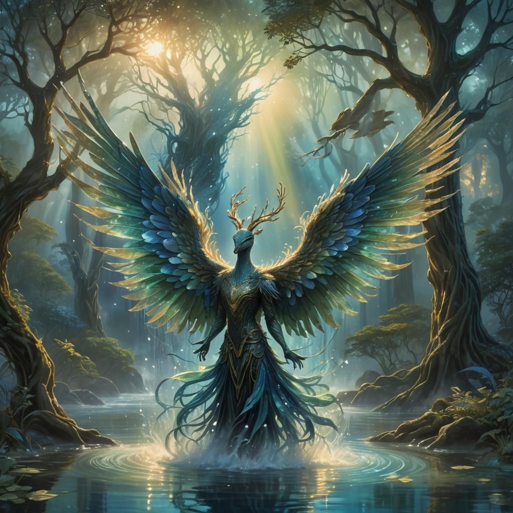 Winged Creature's Descent in Mystical Landscape