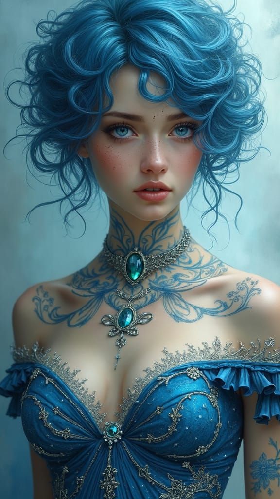 Fantasy Woman with Baroque Dress and Voluminous Blue Hair