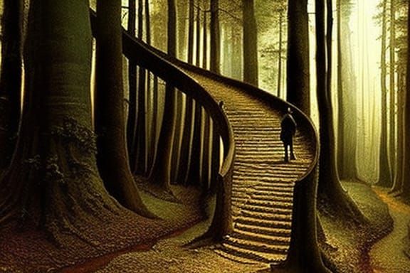 Surreal Staircase to Heaven in Enchanted Forest